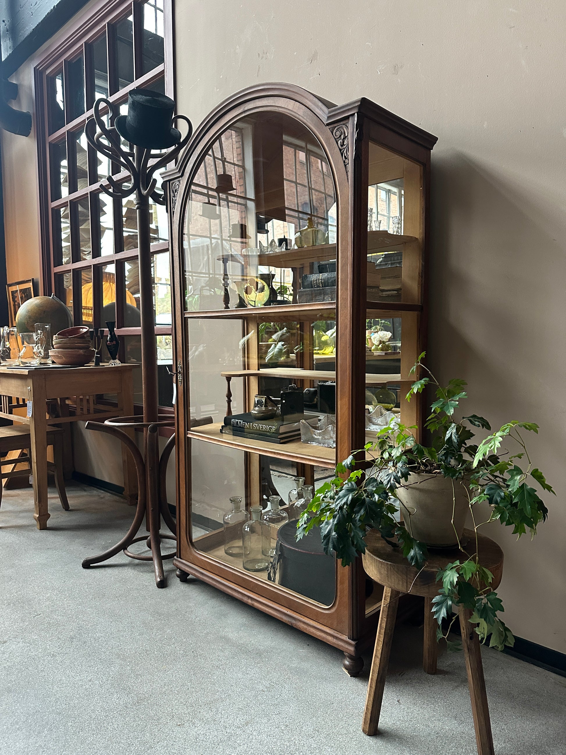 Ett gammalt, mycket vackert vitrinskåp/displayskåp med en dörr och glas i båda sidorna