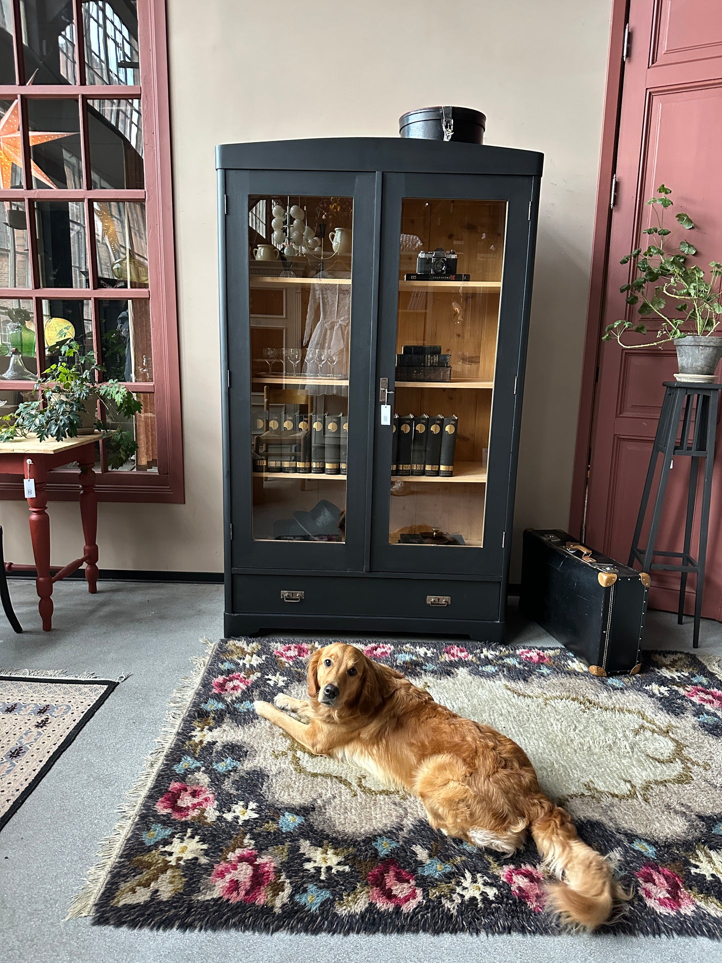 Ett gammalt, vackert vitrinskåp med rundad överkant.Skåpet har två glasdörrar. 